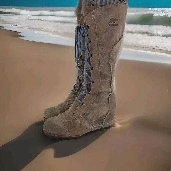 Sorel Cate The Great Wedge Women's Boot US 9 Tan Suede Lace-Up Tall Boot - Picture 1 of 13